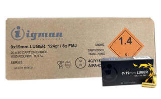 Igman 9x19mm LUGER 125gr FMJ ammo case of 1,000 with 20 50 round boxes